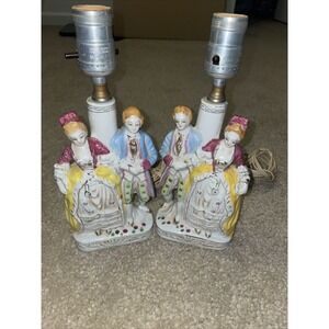 Vintage Porcelain Colonial Couple Table Lamps Pair Hand Painted Made in Japan
